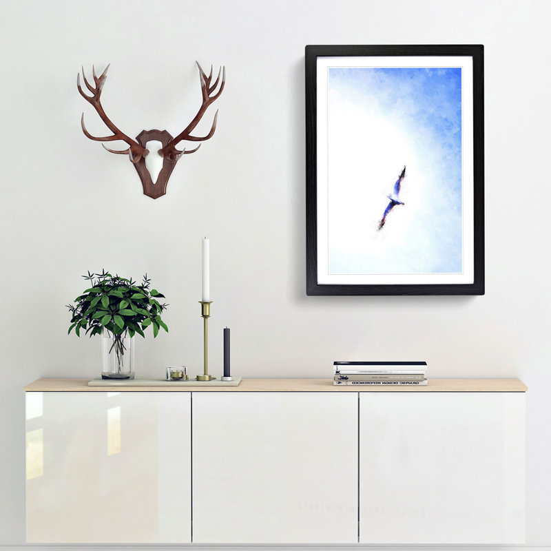 Flying Seagull Abstract - Picture Frame Painting Print, 33cm H x 24cm W x 2cm D, Black Framed