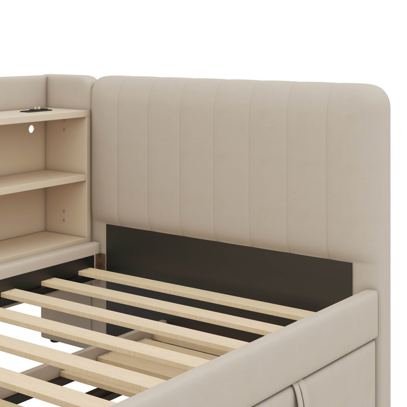Lit de jour simple rembourré de tissu avec couchette, tablettes de rangement intégrées, charge USB et prises de courant
