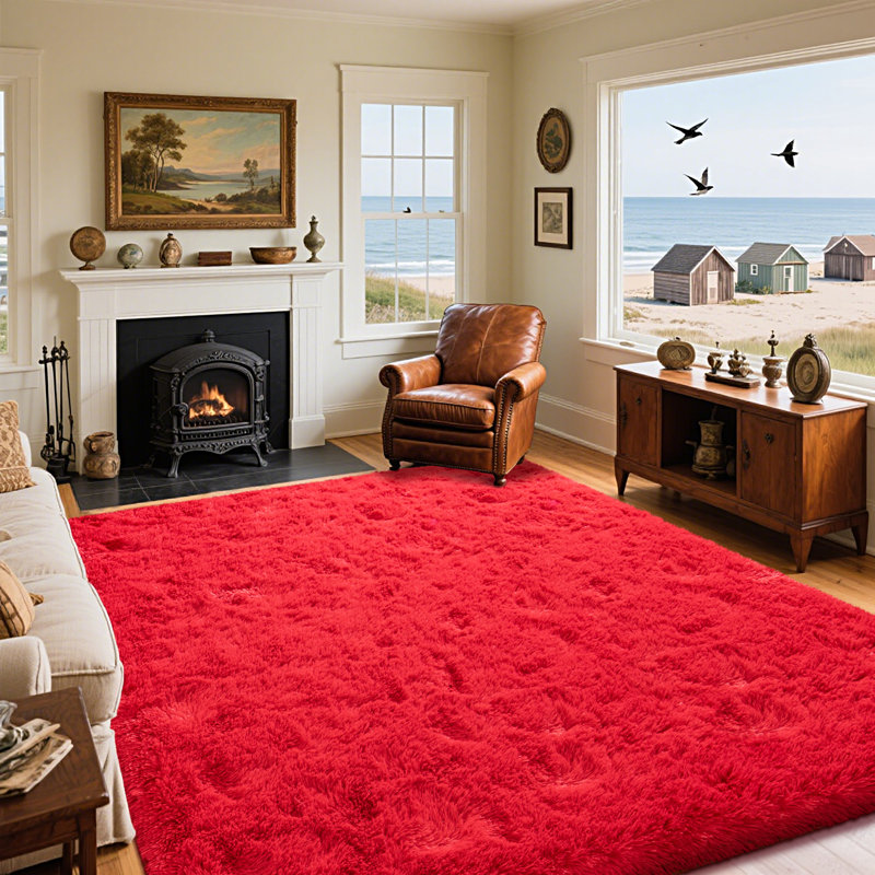 Red Shag Area Rugs For Living Room, Large Furry Plush Rug For Bedroom, Decorative Carpet with 4 Stickers, Upgrade Non Slip Rug, Ideal For High Traffic Areas Indoor, School-opening gift
