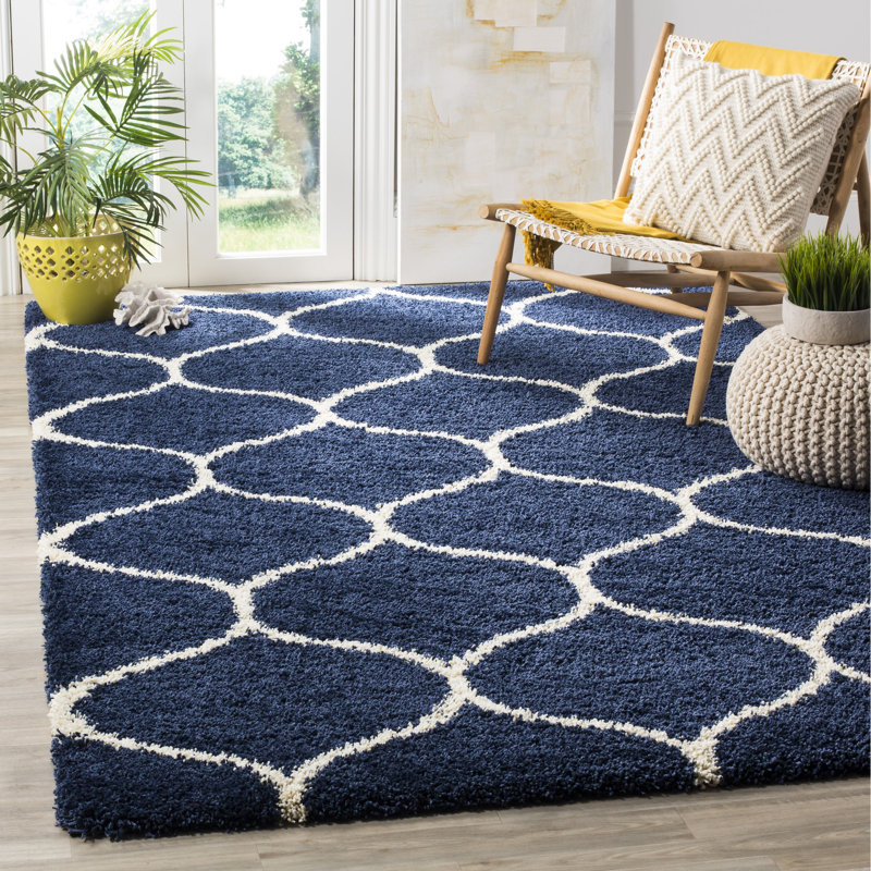Darrold Shag Performance Geometric Rug, Rectangle 2'3" x 3'9", Navy/Ivory