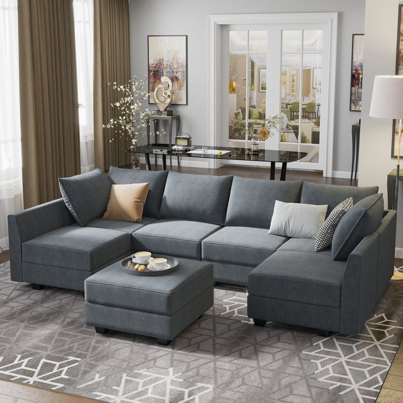 Nikitas U shaped Modular Sectional Sofa with Reversible Chaise, Bluish Gray