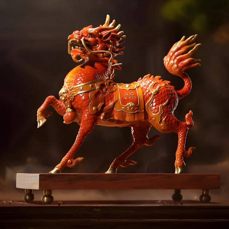 Œuvre d'art en kirin chinois - richement colorée et très détaillée, Rouge
