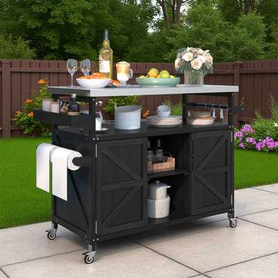 Farmhouse Outdoor Grill Cart, Rolling Bar Cart & Outdoor Kitchen Island, Solid Wood Grill Table W/ Stainless Steel Top, Spice Rack , Towel Rack by Gracie Oaks