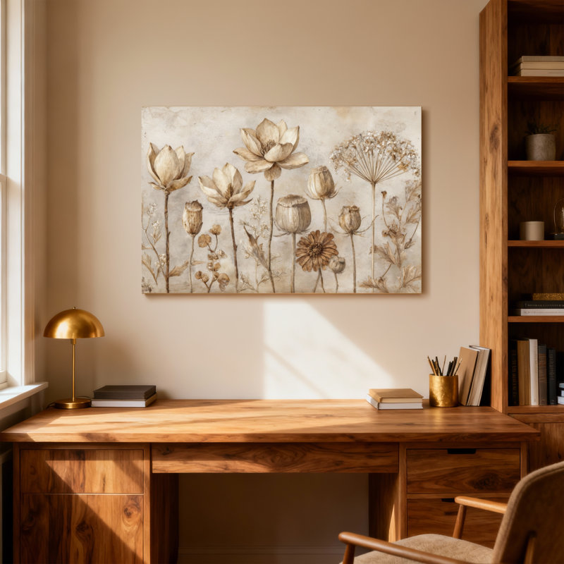 Arrangement floral de plantes et de fleurs dans des tons sépia, H 12 po x l 18 po