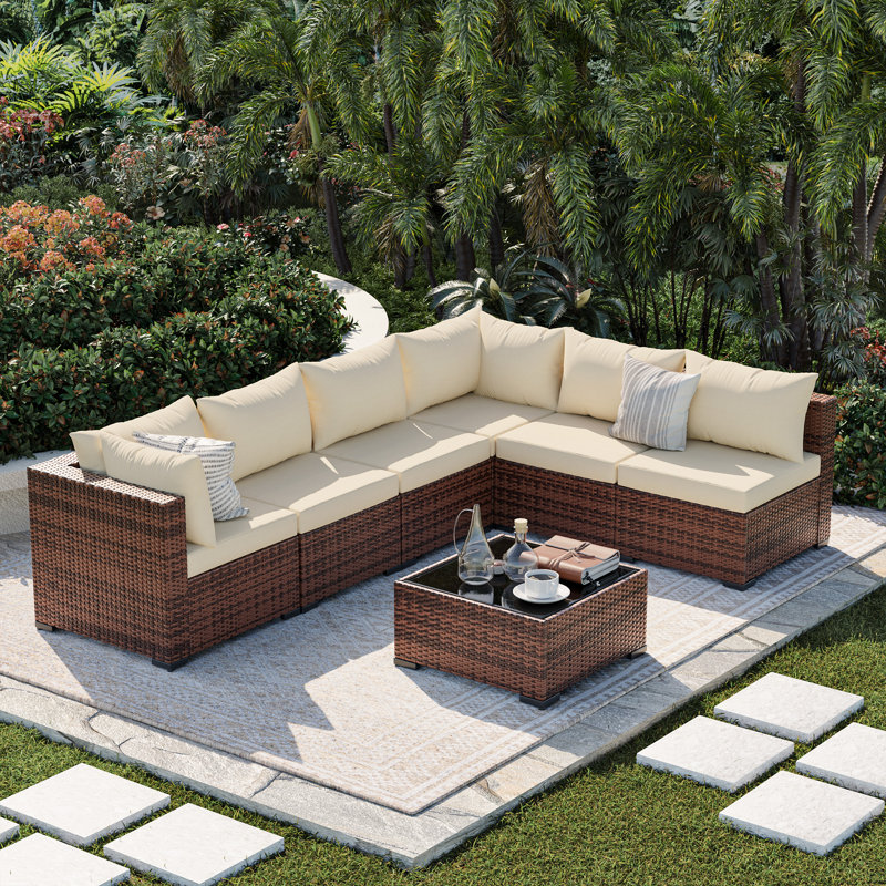6 - Person Outdoor Wicker Patio Conversation Furniture Set, Beige