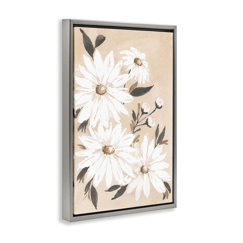 Toile flottante encadrée «Mute Neutral Daisies» par Amanda Cook, H 31 po x l 21 po, Cadre flottant gris lustré