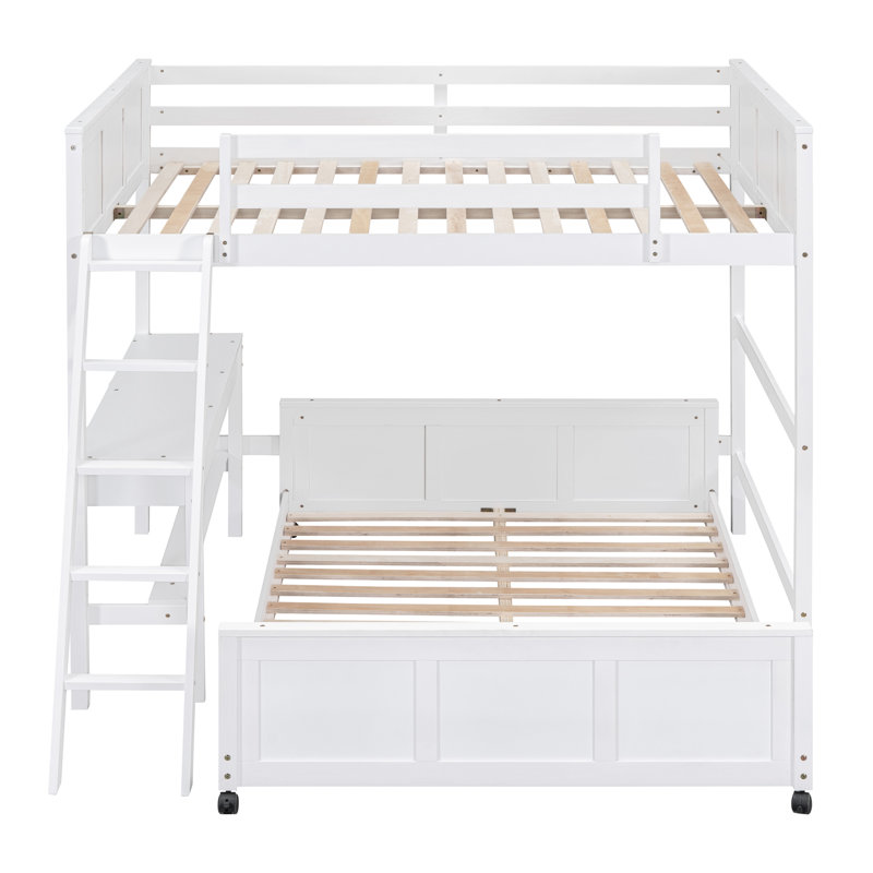 Full Over Full Bunk Bed with Desk, White, 79.5"L x 57.2"W x 68.3"H, Solid Wood+MDF, 2 Pieces