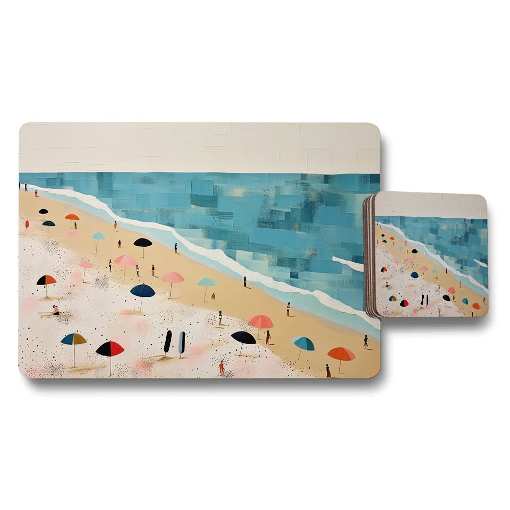 Beach Scene Placemats And Coaster Set With Umbrella Pattern
