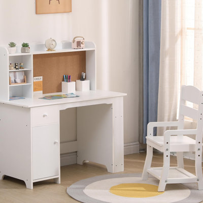 Ensemble de bureau et de chaise pour enfants, table d'étude en bois pour enfants avec huche, planche de liège, tiroir et armoire, bureau d'écriture pour tout-petits à hauteur réglable pour garçons et filles