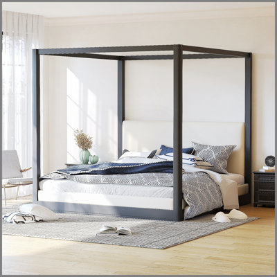 Lit plateforme à baldaquin en bois très grand avec tête de lit tapissier, structure noire et tissu blanc