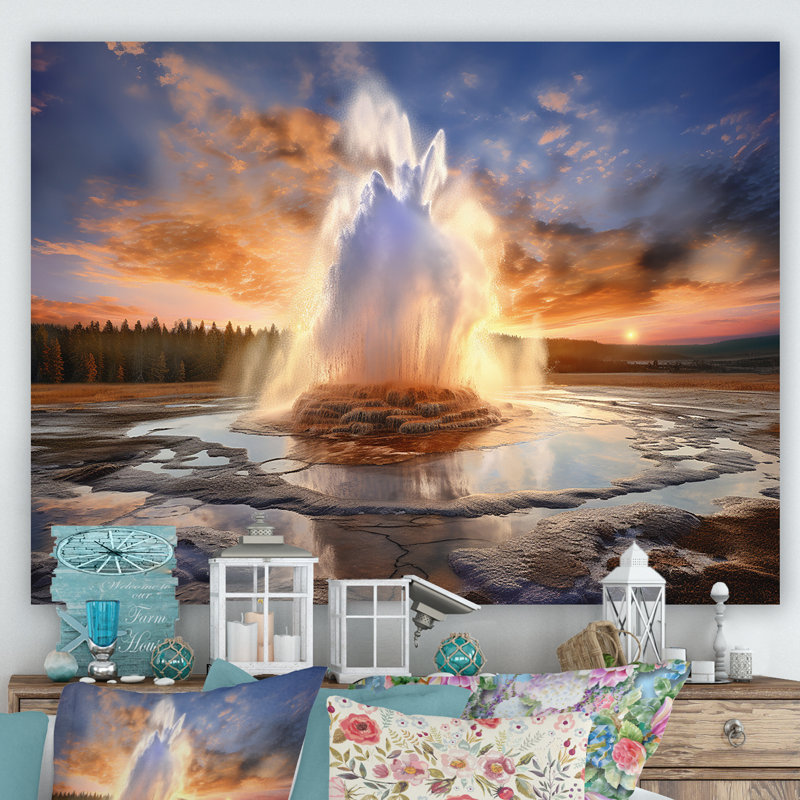 Éclosion volcanique au coucher du soleil - impressions sur toile Geyser, Toile tendue, H 24 po x l 32 po x P 1 po
