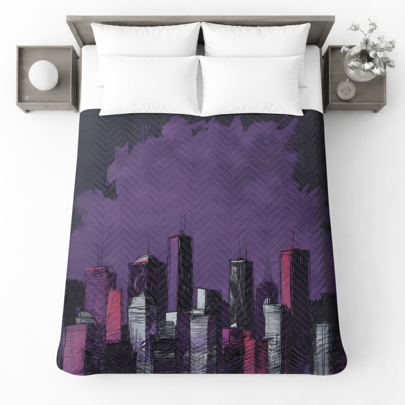 Couvre-lit matelassé mauve City Skyline toutes tailles, Grand lit