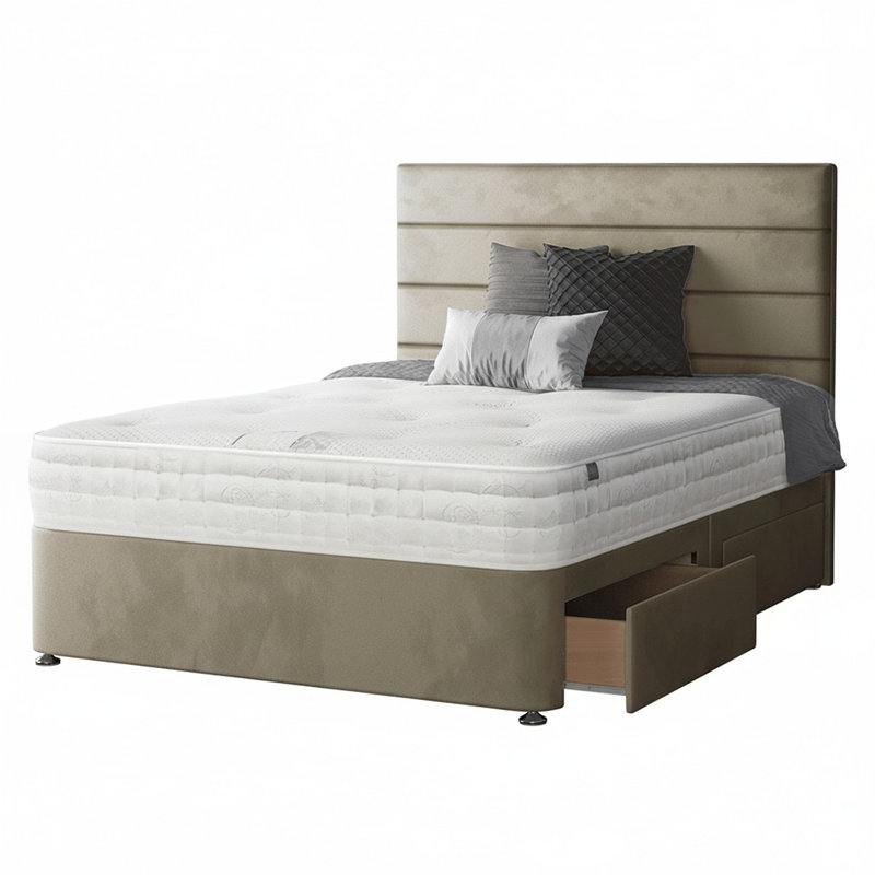 Kiara Stripped Floor Standing Headboard With Divan Base 4 Drawers Plush Velvet Mallard With And Metal Feet (Kingsize), Coffee