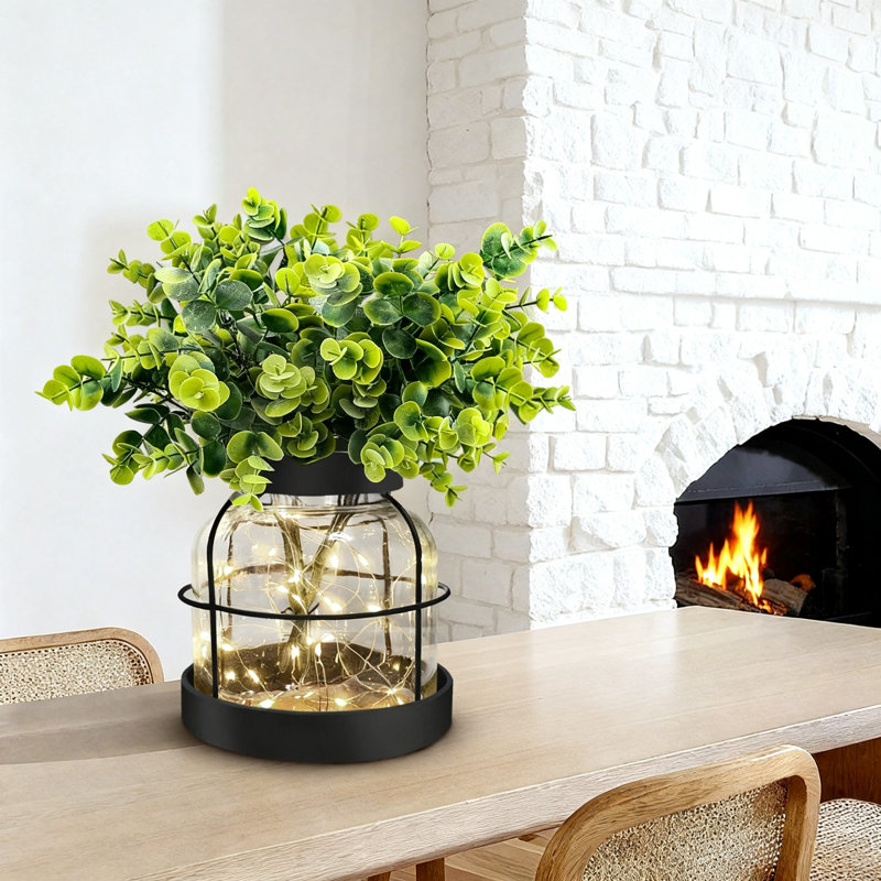 Vase rustique en verre rustique avec eucalyptus artificiel et lumières, (noir), Noir