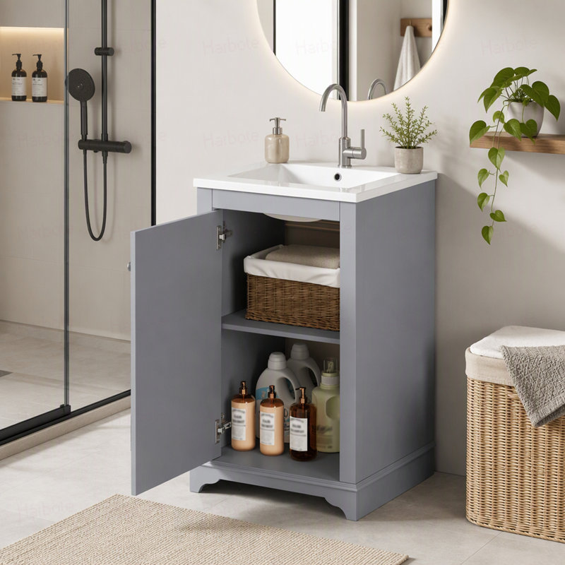 Meuble-lavabo de 20 po avec lavabo en céramique, ensemble de meuble-lavabo simple autoportant avec porte à fermeture douce, tablette réglable, style moderne