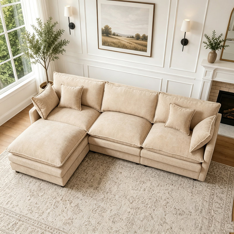 Canapé modulaire en L en forme de L avec repose-pieds mobile, revêtement en chenille, café, L 102 po, Chenille café