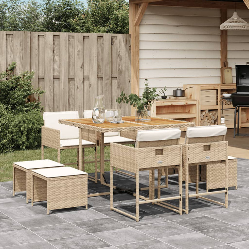 Garden Dining Set Beige PE Rattan 8-Seater, Cube Design Foldable, Cream White, Beige