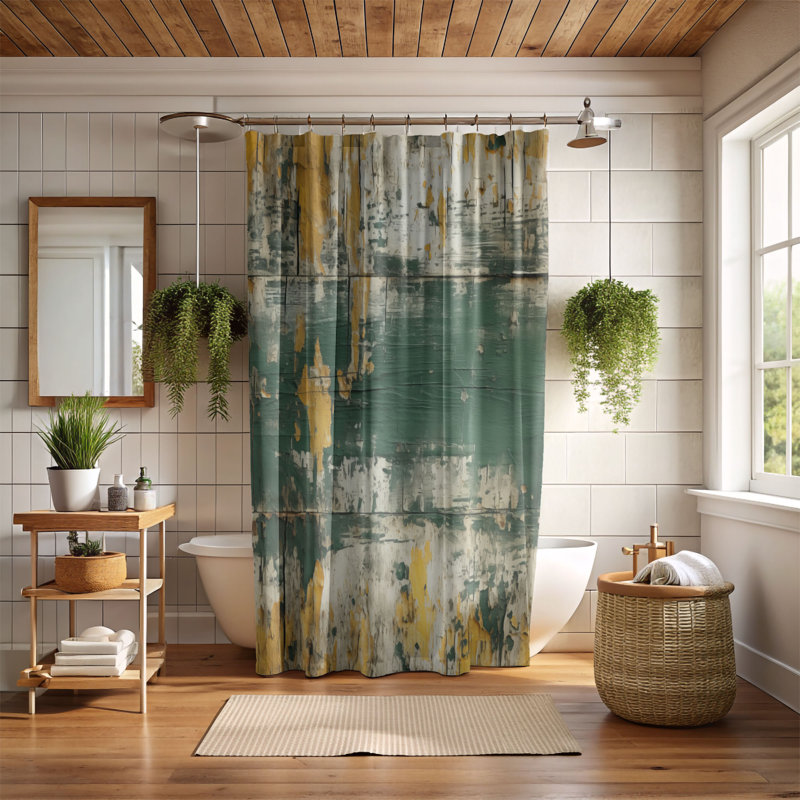 Vieux rideau de douche en bois vert vieilli, H 74 po x l 71 po