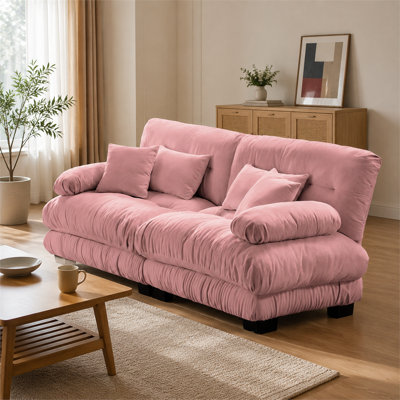 Pink chenille cloud-style loveseat, includes two lumbar pillows and two decorative throw pillows.
