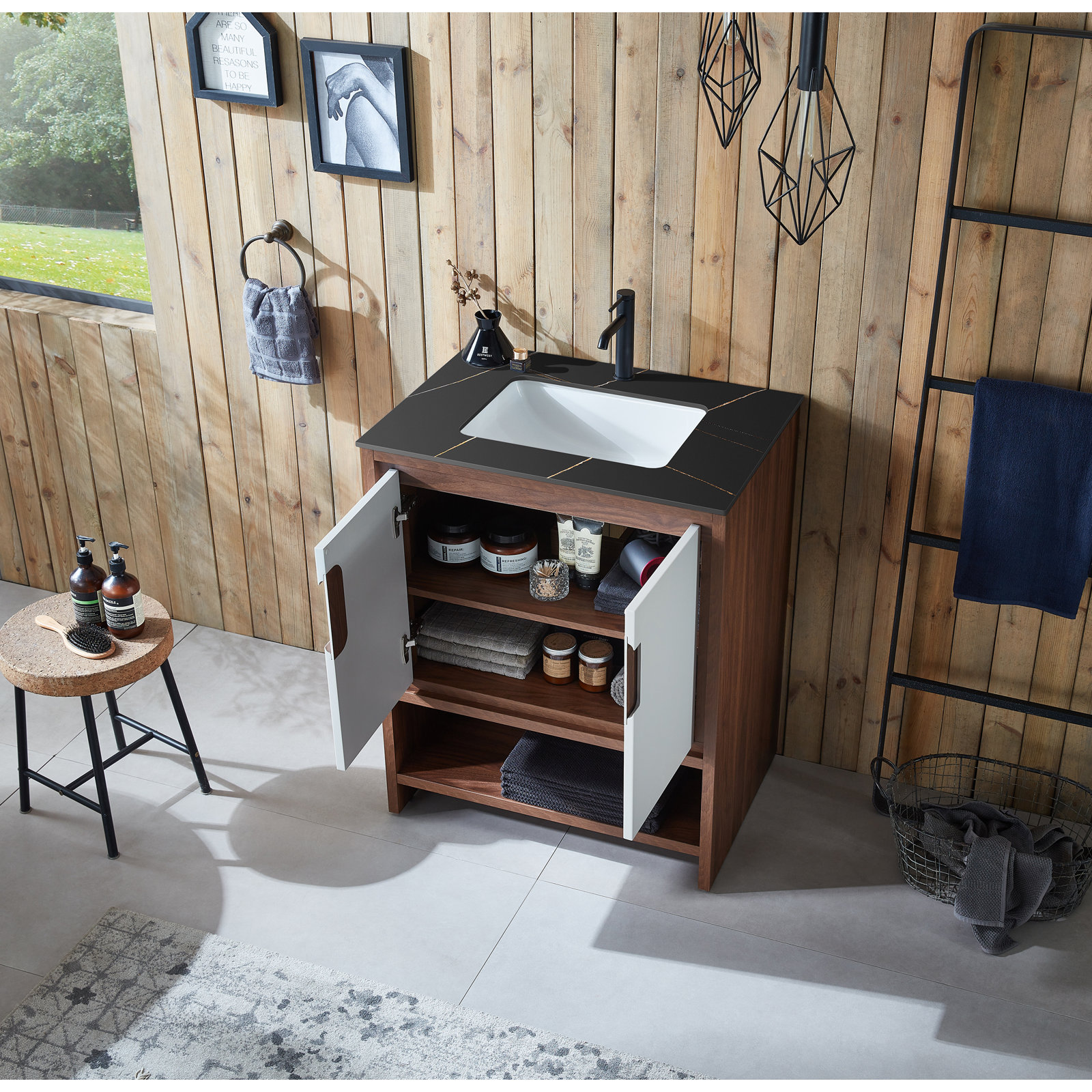 Diani 30" Single Bathroom Vanity, Beige/Walnut, Black