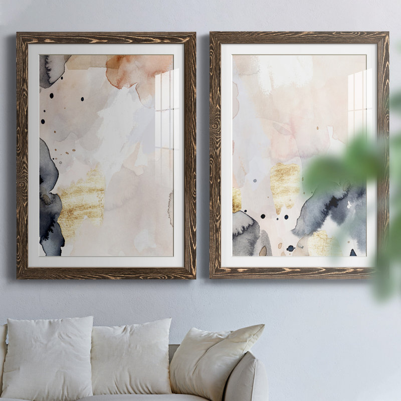 Indigo Blush and Gold III - ensemble de 2 peintures encadrées, H 31,5 po x l 43,5 po x P 1 po, Noyer