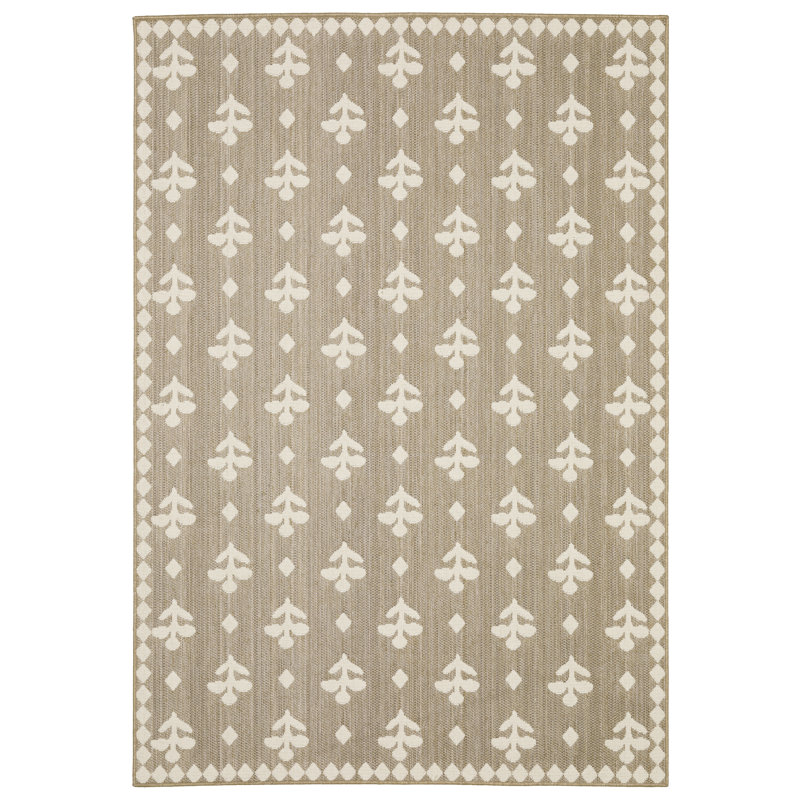 Tavraj Modern Fleur-de-Lis Tan, Beige Indoor/Outdoor Rug, Runner 1'10" x 7'6"