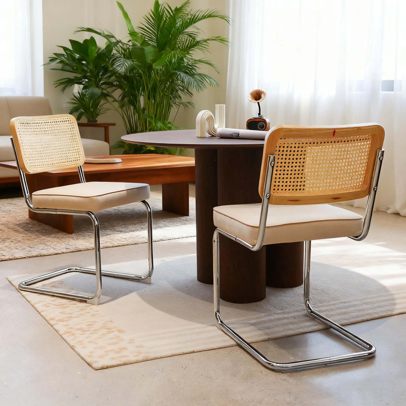 Ensemble de 2 chaises de salle à manger modernes du milieu du siècle en velours et en rotin, Champagne, Champagne, Chrome