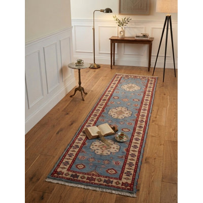 Bleu | Tapis de couloir oriental blanc en laine et soie blanc noué à la main