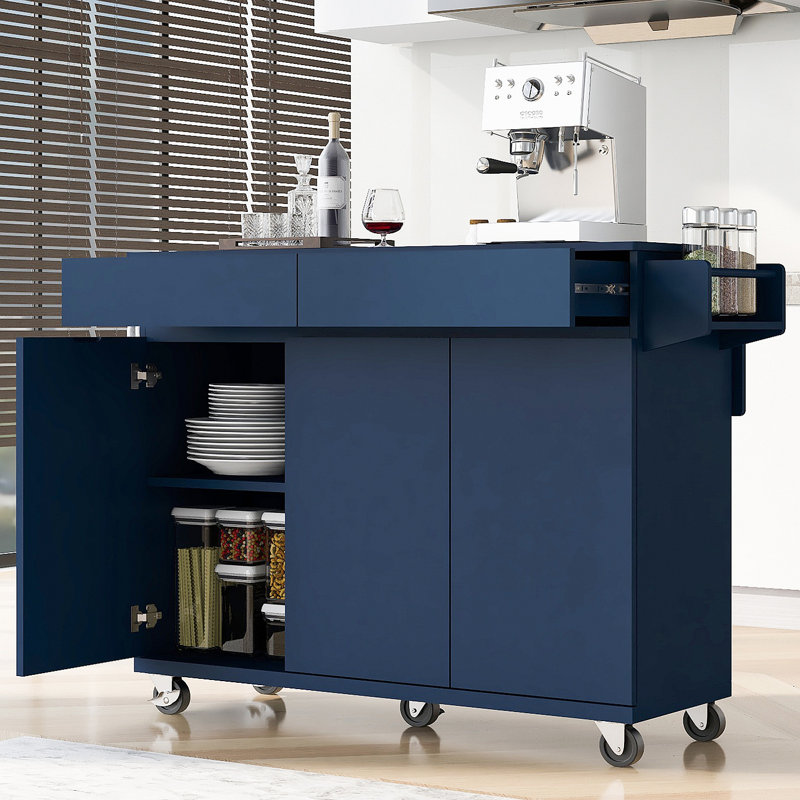 Îlot de cuisine de 53,2 po avec abattant K&K, chariot de rangement de cuisine avec support à épices, porte-serviettes et 2 tiroirs, îlot de cuisine sur roulettes avec tablettes réglables pour la cuisine, la salle à manger et le bleu marine