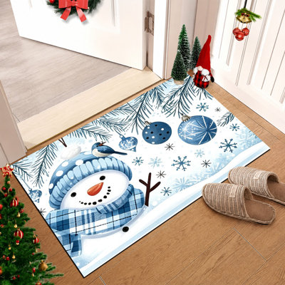 Tapis de porte de Noël antidérapant pour intérieur et extérieur, 61 x 91 cm, motif bonhomme de neige bleu.