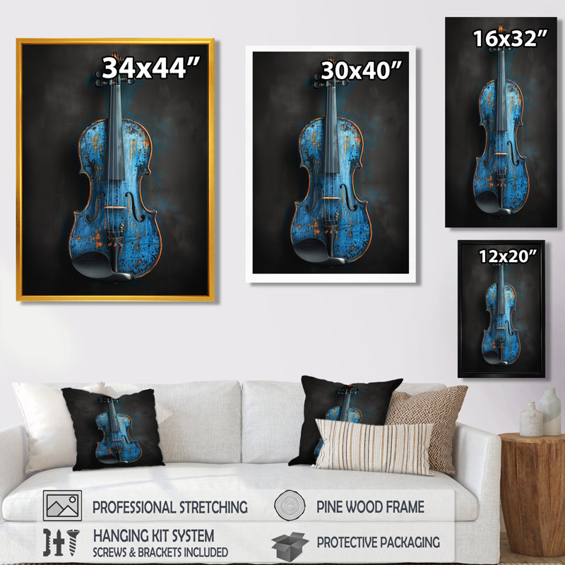 Charme de violon monochrome gris et bleu - musique Jazz Art mural, Cadre flottant blanc, 20" H x 12" W