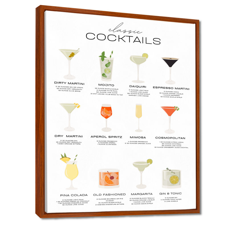 Recettes de cocktails classiques - Art mural de salon, cocktails, Cadre flottant brun, H 44 po x l 34 po