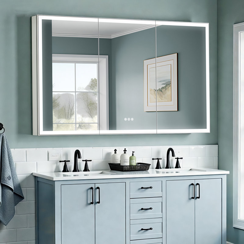 Tempered-Mirror Medicine Cabinet with Lights, Modern Edge-Lit Strip, Plug-in/Hardwired, Anti-Fog/3 Colors/Dimmable, Outlets&USBs, ETL Listed, Surface Mount/Recessed