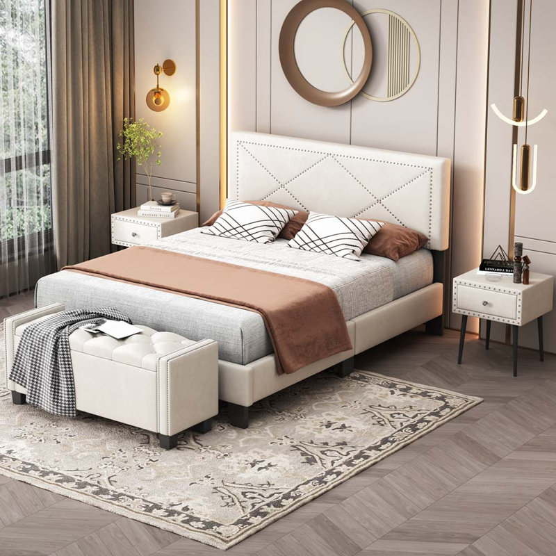 Lit en bois massif Coulter et panneau de fibres à densité moyenne, Beige