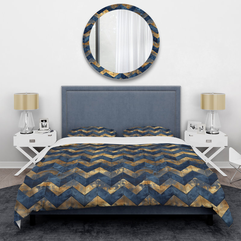 Ensemble de housse de couette Blue Gold Chevron Harmony IV - Glam, Housse de couette très grand + 2 taies décorativ