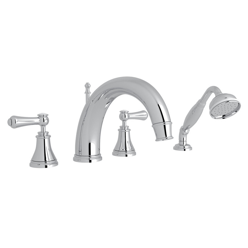Robinet de baignoire à 4 trous avec bec en C Georgian Era, Polished Chrome, Poignée levier en métal avec capuchons en porcel