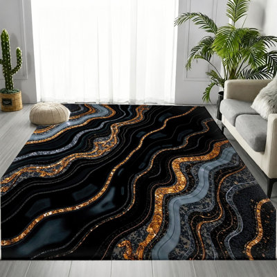 Tapis luxueux de style agate, imprimé à vagues dorées noires, tapis antidérapant lavable à la machine, décoration intérieure moderne pour salon, chambre à coucher, entrée, cuisine, balcon, appartement