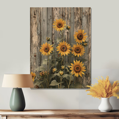 Vintage Sunflowers By The Grain Barn I - Sunflowers Wood Wall Art - On Natural Pine Wood