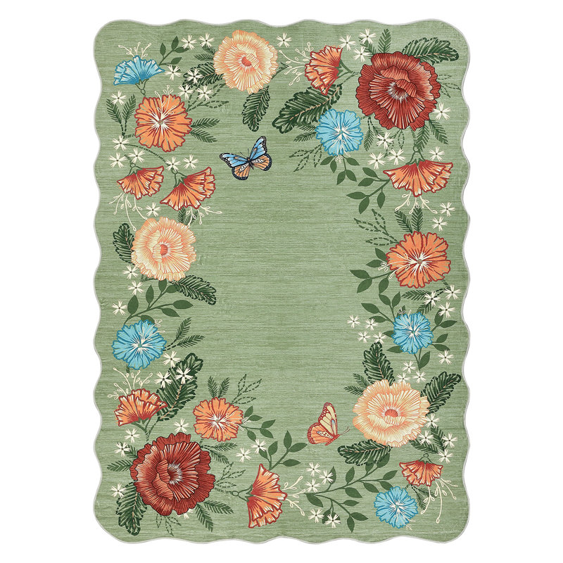 Living Room Rug 10x13 Modern Floral Rug Scalloped Rug Washable Rug with Non Slip Backing, Low Pile Thin Rug, Soft Foldable Rug, Aesthetic Botanical Rug for Bedroom Nursery Office, Green