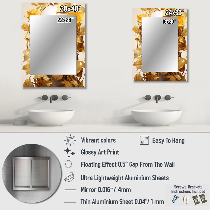 Portrait de femme blanche et dorée avec des feuilles I - miroir mural Fashion, 32 po x 24 po