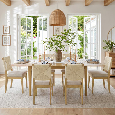 7-Piece 63"-95" Extendable Solid Wood Dining Set With 6 Woven Chairs