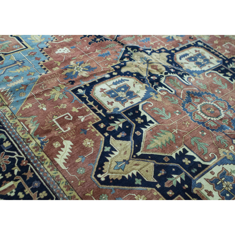 Tapis rouge et bleu noué à la main de haute qualité