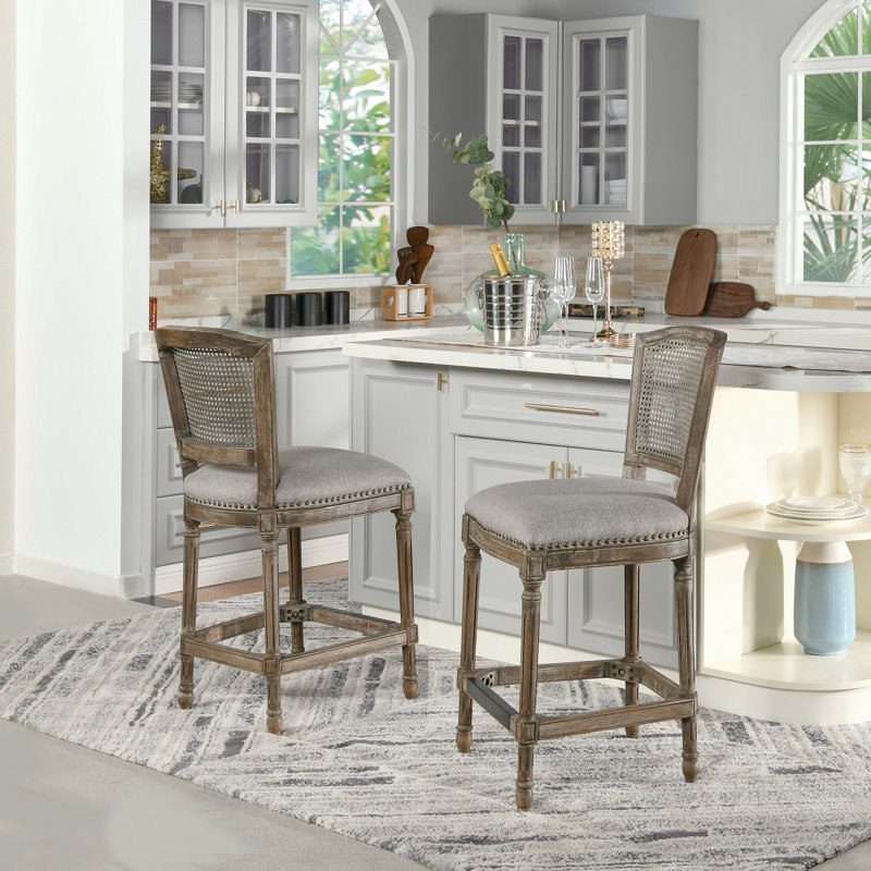 Roquefort Upholstered Linen Blend Counter Stool with Solid Wood Frame, Heathered Gray Linen