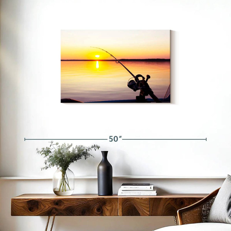 Senne pêchant au coucher du soleil, H 20 po x l 30 po