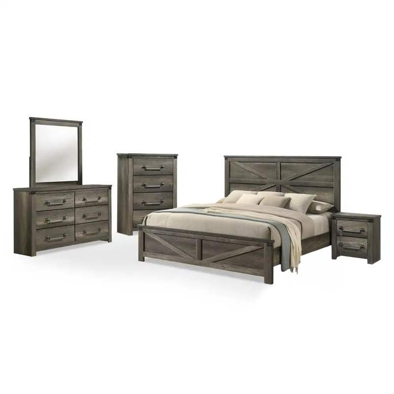 Ensemble de chambre à coucher complète pour grand lit de ferme 5 pièces Bry, gris rustique, grande commode Bry