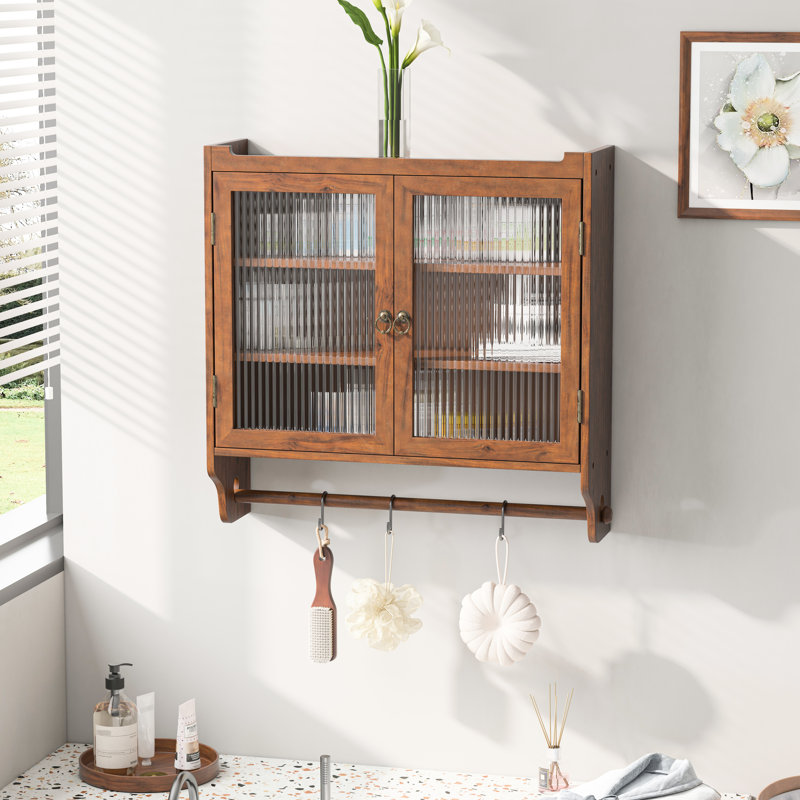 Armoire 24,8 po en verre pour la cuisine, la salle de bain - brun, porte-serviettes, trois pièces de rangement différentes