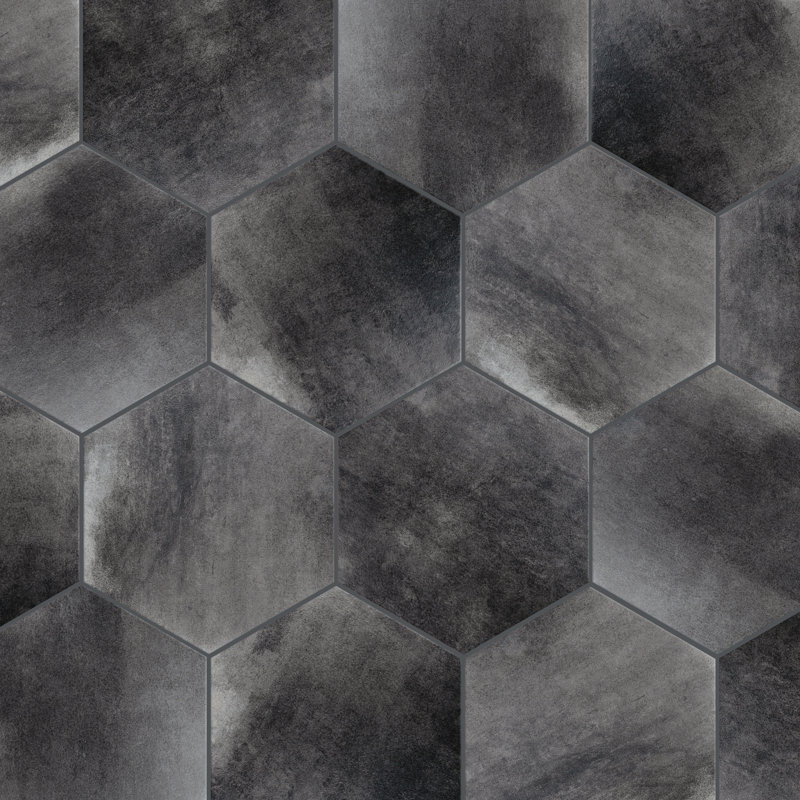Hex industrielle de 8 1/2 po X 9-7 / 8 po Carreau en porcelaine d'aspect moderne, Noir