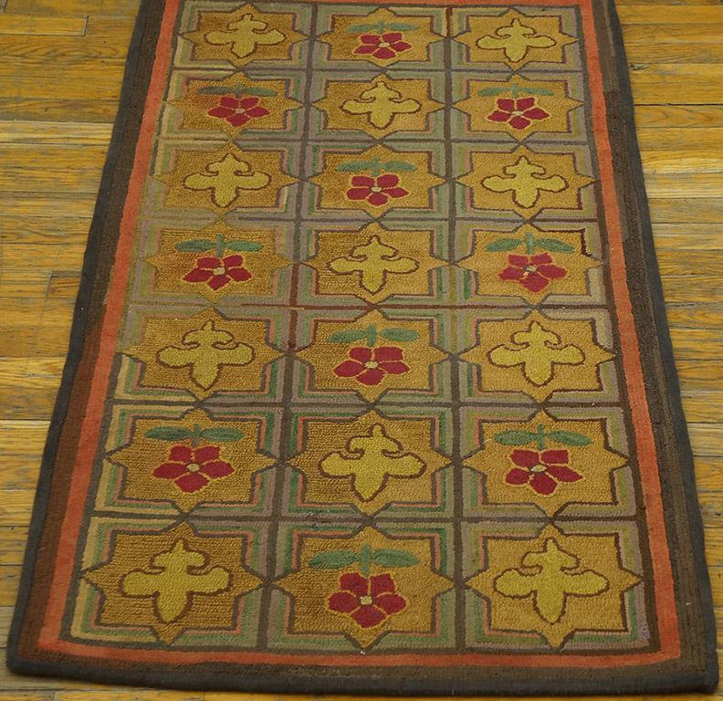 1900s Multicolor 5Star Antique American Hooked Rug Hand-Woven Wool 2'2" x 4'8"