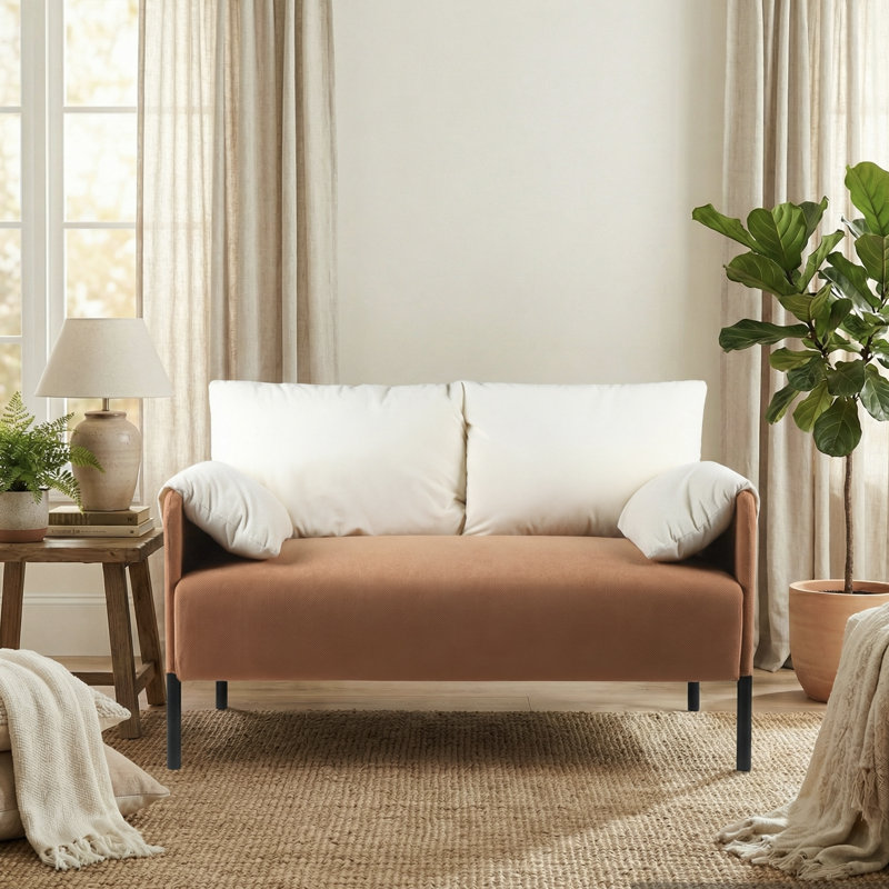 48.75'' Wide Modern Soft Chenille Fabric Upholstered Loveseat With Padded Armrest, White/Orange