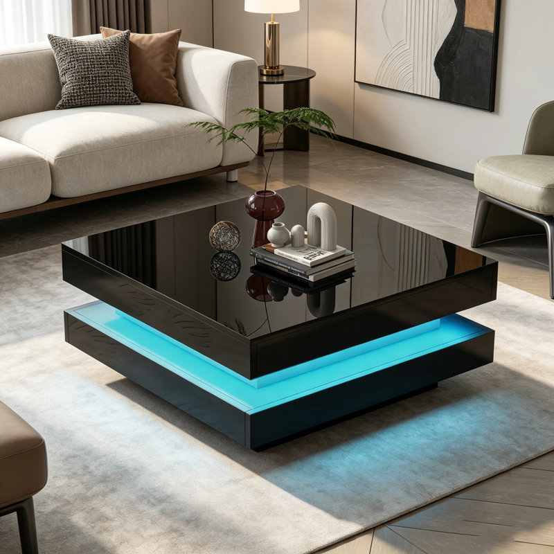 Design minimaliste ultrabrillant avec lumières DEL, table basse carrée à 2 niveaux pour les salons modernes, Noir